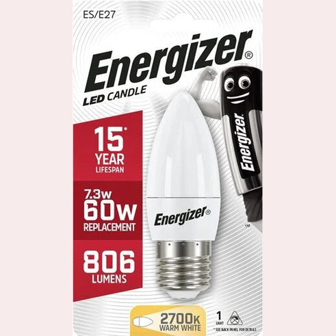ENERGIZER LED 7.3W (60W) 806 LUMEN E27 CANDLE LAMP WARM WHITE