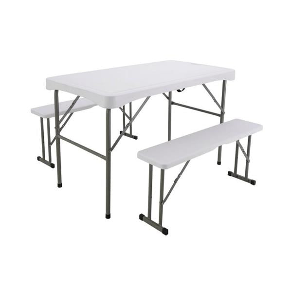 FOLDING WHITE TABLE WITH 2 BENCHES