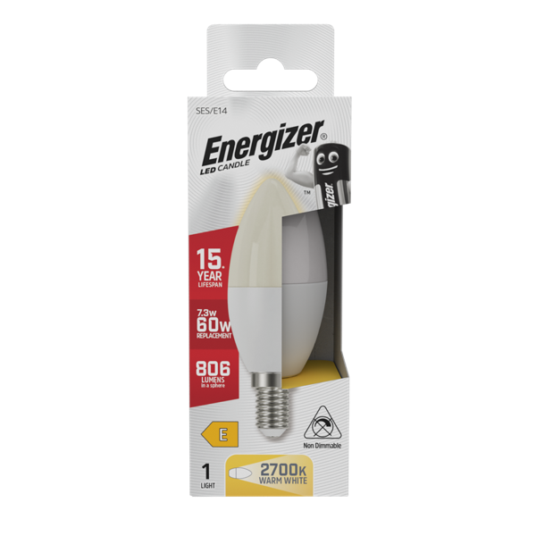 ENERGIZER LED 7.3W (60W) 806 LUMEN E14 CANDLE LAMP WARM WHITE