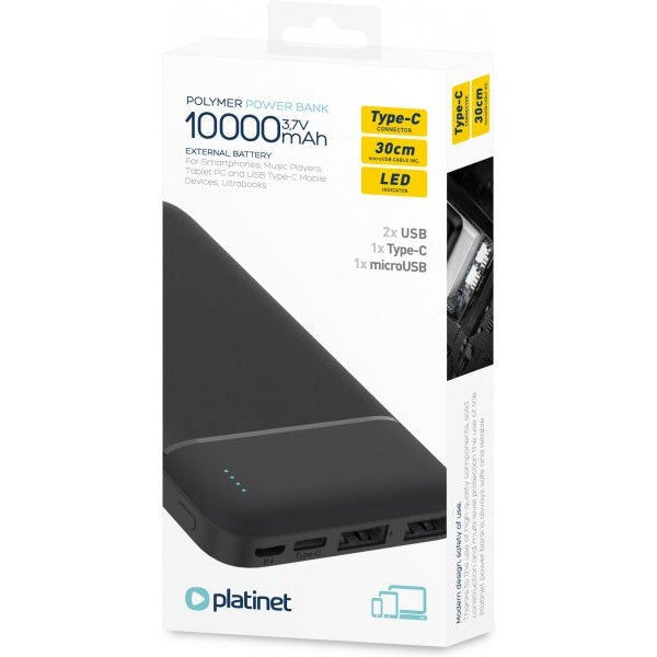 PLATINET POWERBANK 10000mAh USB-C & DUAL USB (LI-POLYMER)