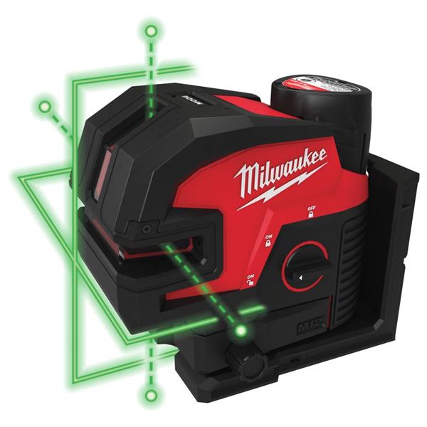 MILWAUKEE M12 CROSS LINE WITH 4 POINTS LASER 1 X 3AH BATTERY, TRACK CLIP AND PLATE