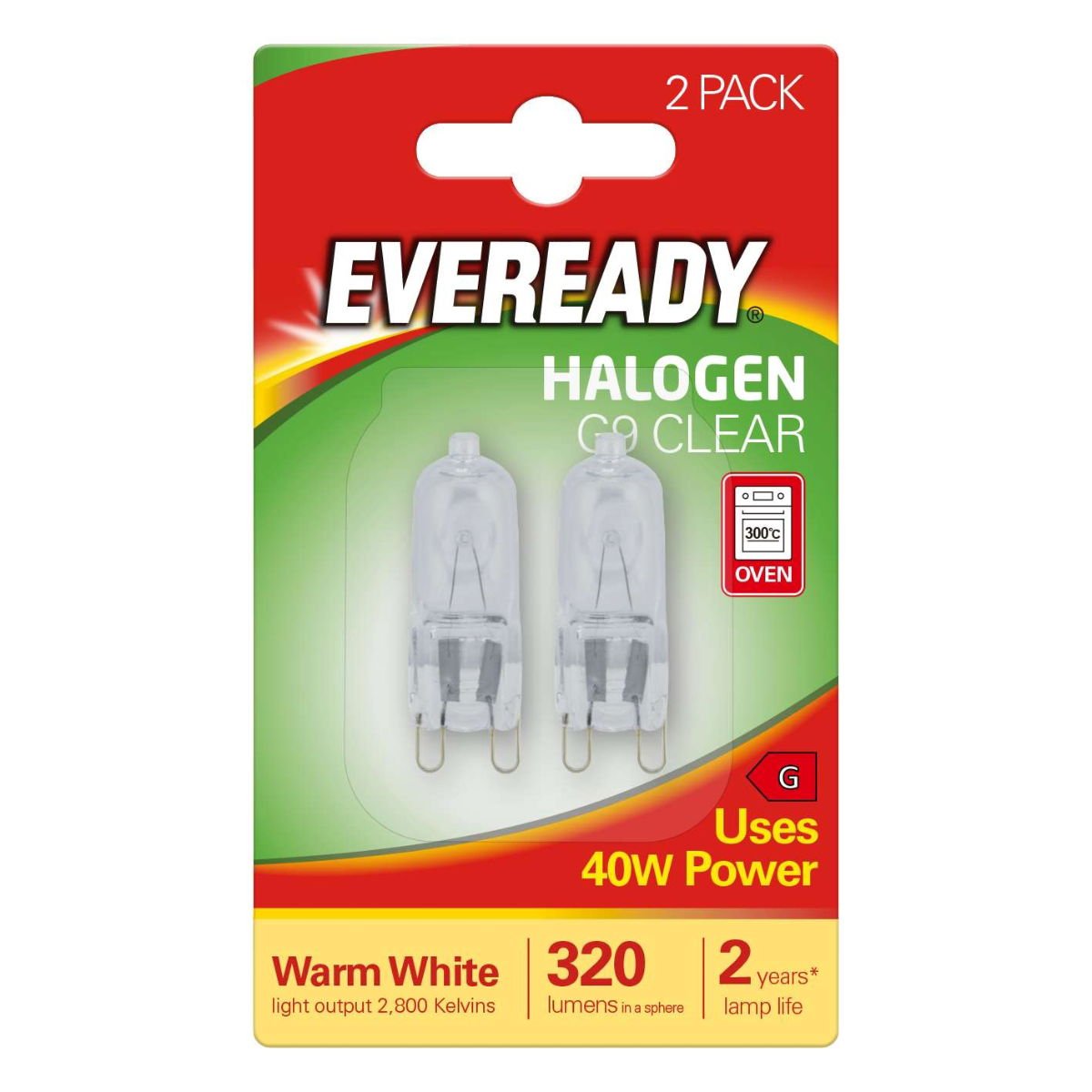 EVEREADY G9 CLEAR HALOGEN 40W OVEN CAPSULE 2PK
