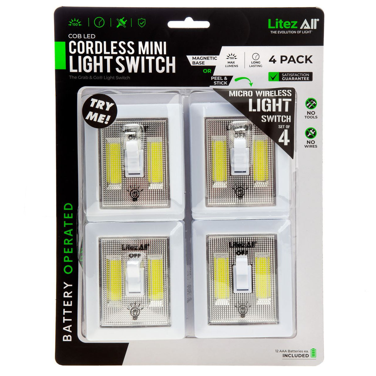 LITEZALL 4PK COB LED CORDLESS MINI LIGHT SWITCH