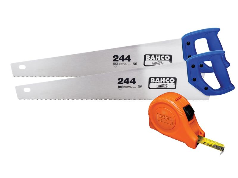 Bahco 2 x 244 Hardpoint Handsaws 550mm (22in) & MTG Tape Measure 8m