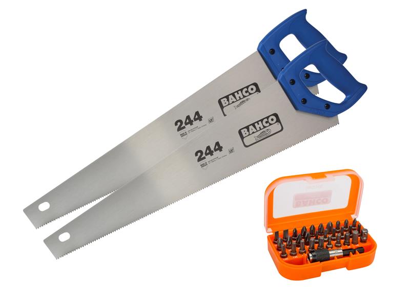 Bahco 2 x 244 22in Handsaws + 1 x 59/S31B Bit Set, 31 Piece