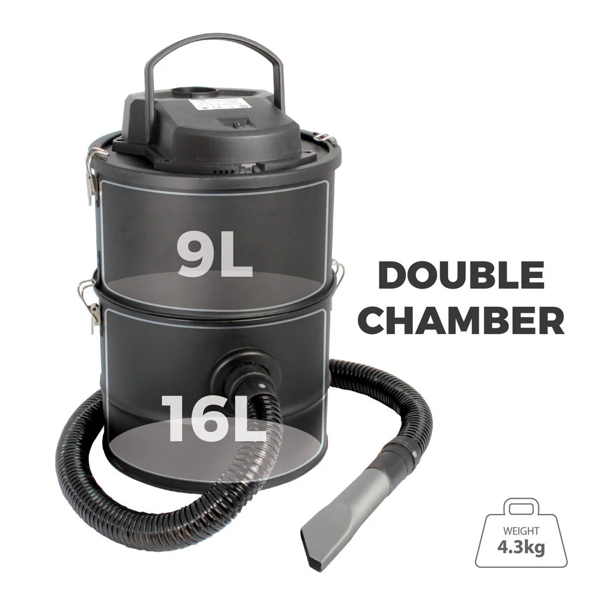 DE VIELLE DOUBLE CHAMBER- 3 FILTER ASH VAC 25LITRE 1200W (BLACK) - Watson Hire