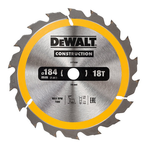 DEWALT Portable Construction Circular Saw Blade 184 x 16mm x 18T