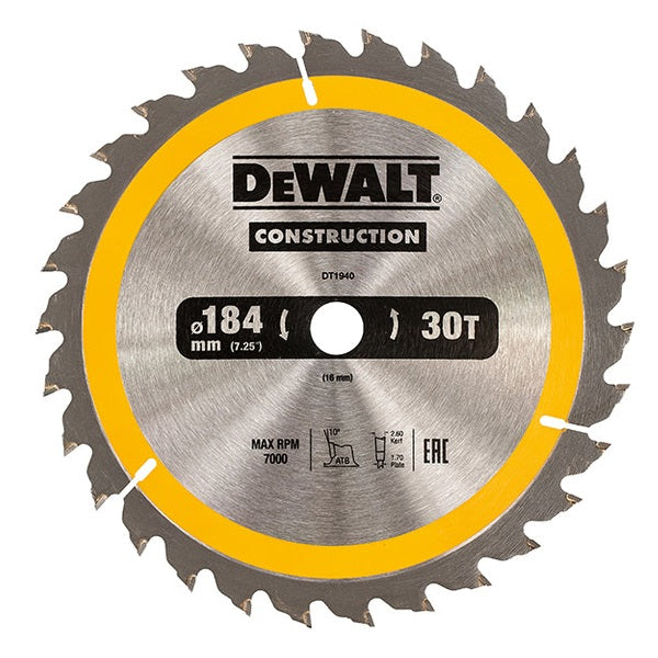 DEWALT Portable Construction Circular Saw Blade 184 x 16mm x 30T