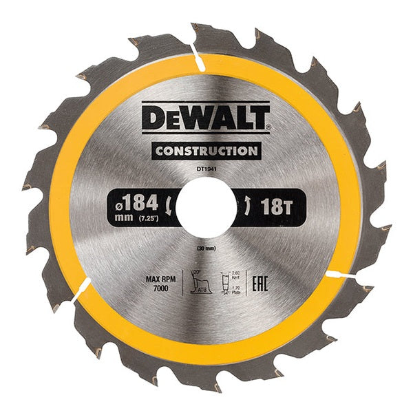 DEWALT Portable Construction Circular Saw Blade 184 x 30mm x 18T