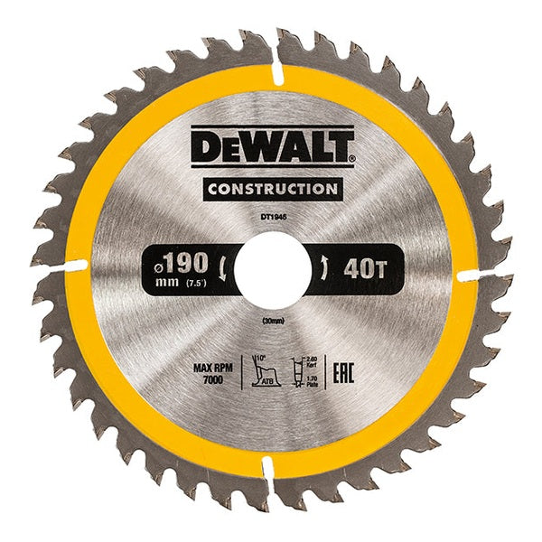 DEWALT Portable Construction Circular Saw Blade 190 x 30mm x 40T