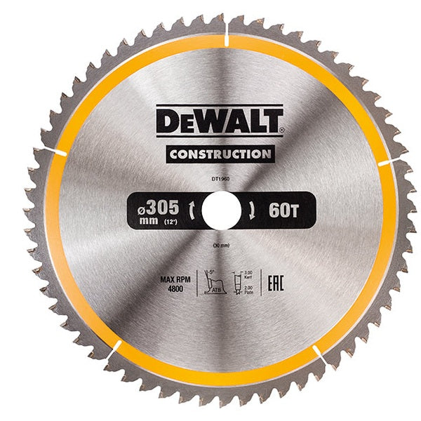 DEWALT Stationary Construction Circular Saw Blade 305 x 30mm x 60T ATB/Neg