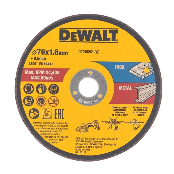 DEWALT DT20592 Bonded Abrasive Cutting Disc 76 x 1.6 x 9.5mm (3 Pack)