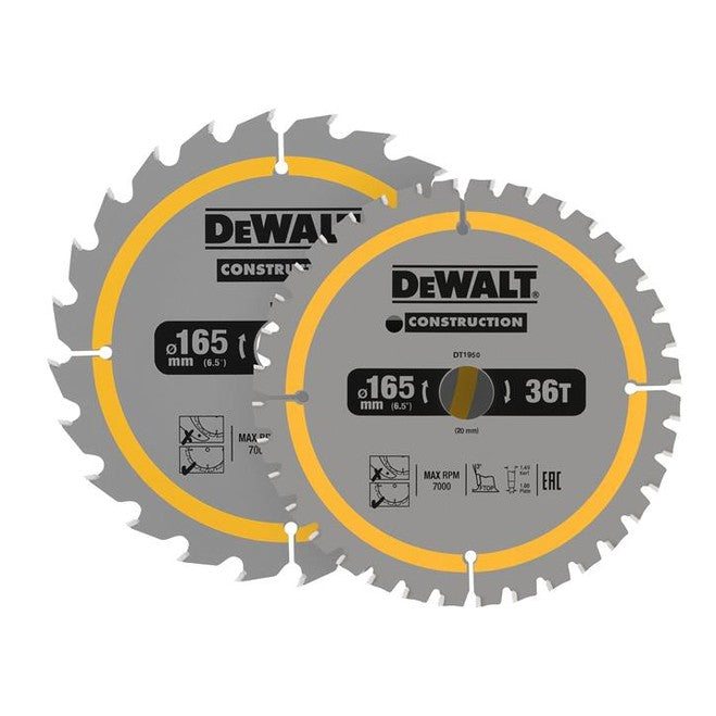 DEWALT DT90270 Construction Circular Saw Blade 2 Pack 165 x 20mm x 24T/36T
