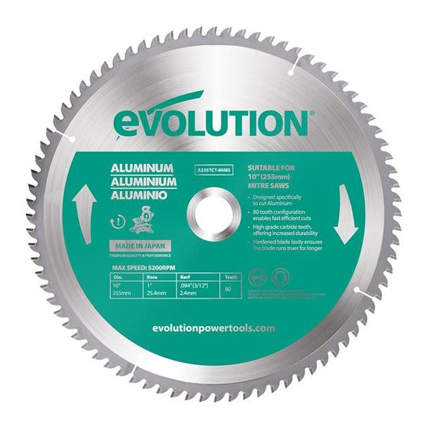 Evolution Aluminium Cutting Mitre Saw Blade 255 x 25.4mm x 80T - Watson Hire