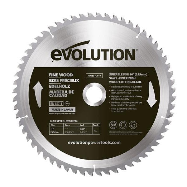 Evolution Fine Wood Mitre/Table Saw Blade 255 x 25.4mm x 60T - Watson Hire