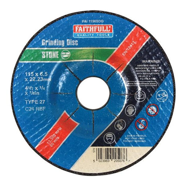 Faithfull Depressed Centre Stone Grinding Disc 115 x 6 x 22.23mm - Watson Hire