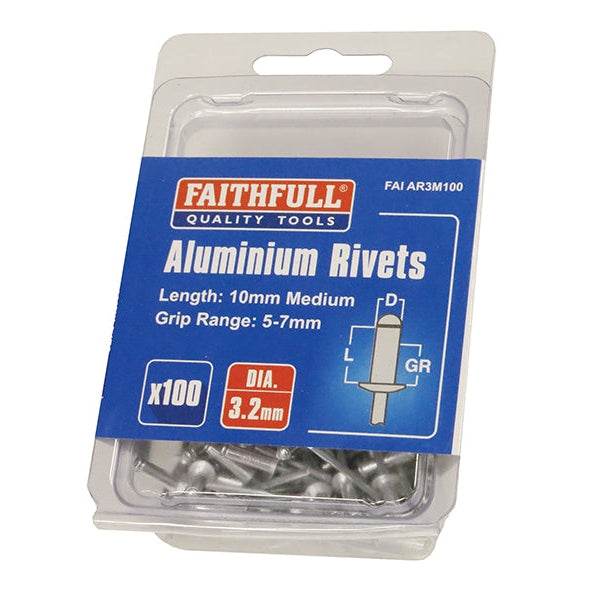 Faithfull Aluminium Rivets 3.2 x 10mm Medium Pre-Pack of 100