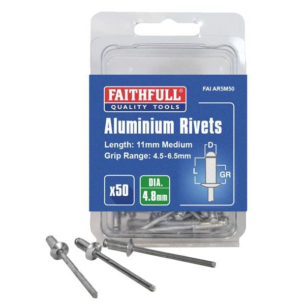 Faithfull Aluminium Rivets 4.8 x 11mm Medium Pre-Pack of 50 - Watson Hire