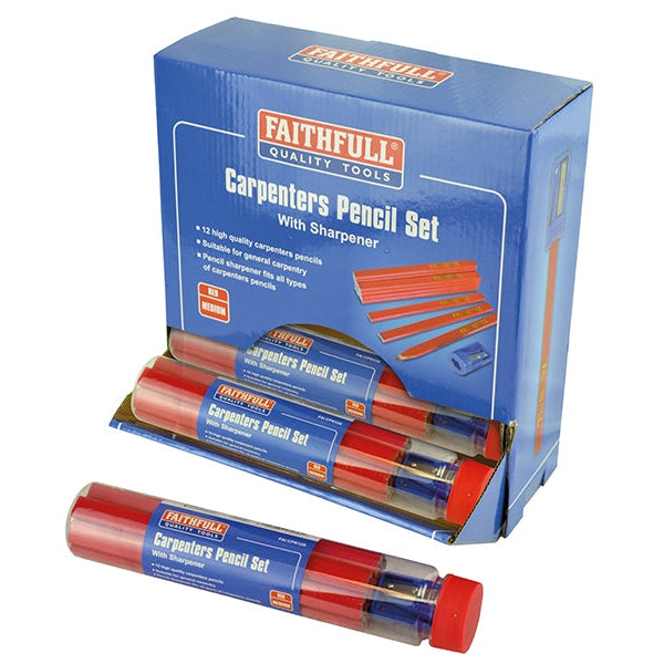Faithfull Carpenters Pencils Red (12 x Tubes of 12 + Sharpener) - Watson Hire