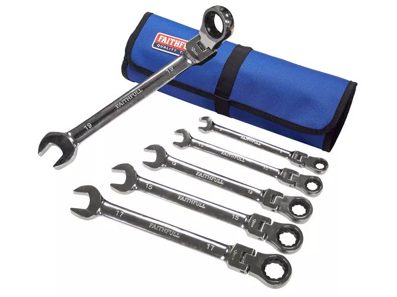 FAITHFULL 6PC RATCHET COMBINATION SPANNER SET IN TOOL ROLL