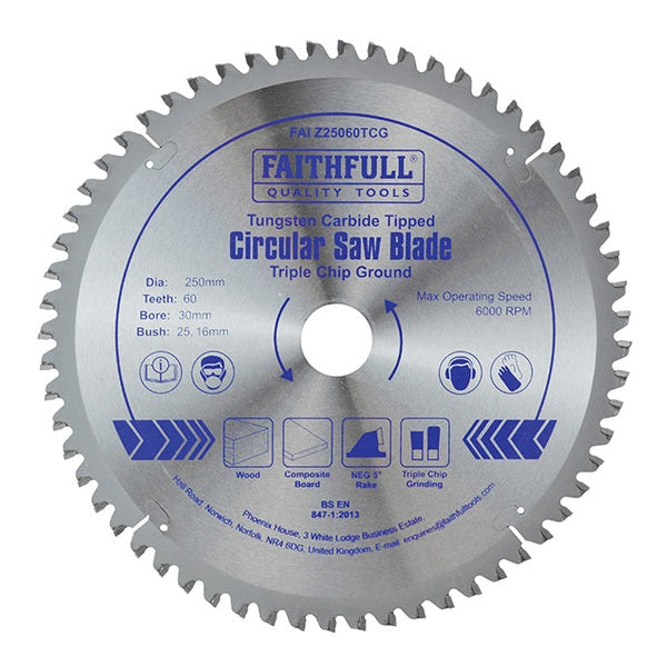 Faithfull TCT Circular Saw Blade Triple Chip Ground 250 x 30mm x 60T NEG