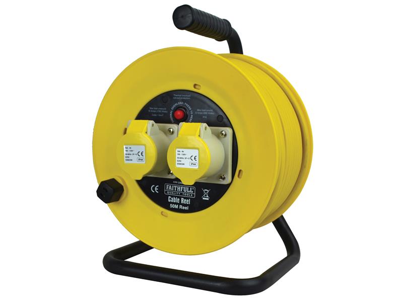 Faithfull Power Plus Open Drum Cable Reel 110V 16A 2-Socket 50m (1.5mm Cable)