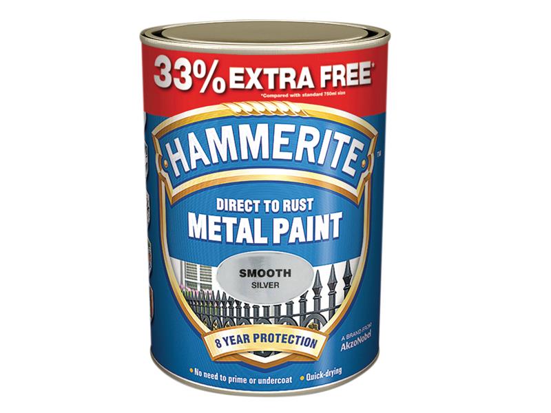 Hammerite Direct to Rust Smooth Finish Metal Paint Silver 750ml + 33%