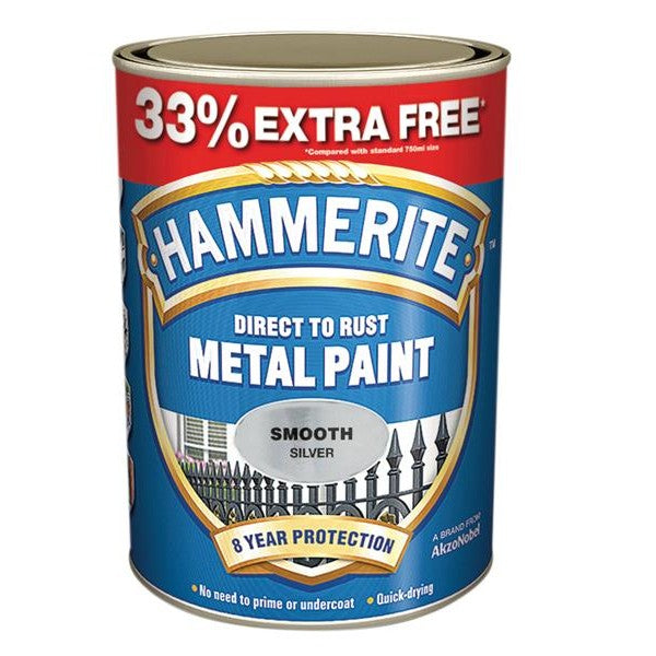 Hammerite Direct to Rust Smooth Finish Metal Paint Silver 750ml + 33%