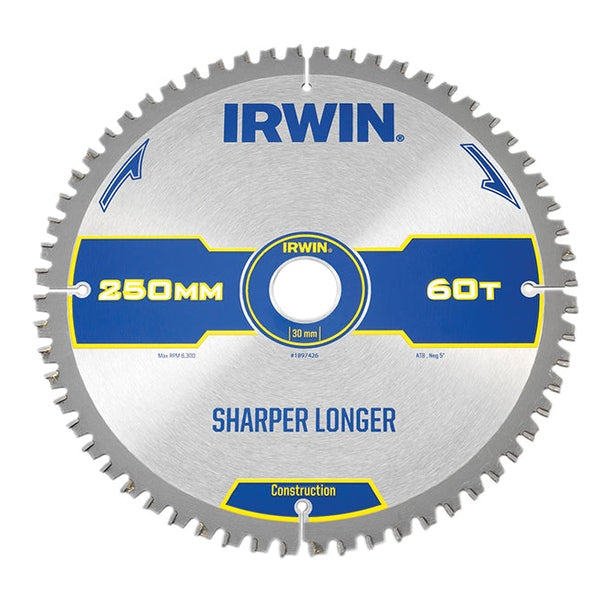 IRWIN® Construction Mitre Circular Saw Blade 250 x 30mm x 60T ATB/Neg - Watson Hire