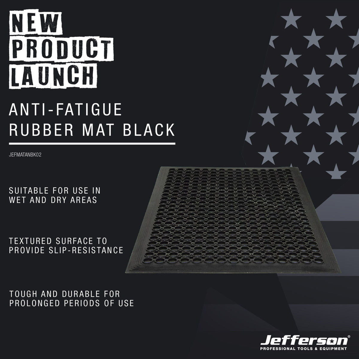 JEFFERSON ANTI-FATIGUE RUBBER MAT BLACK (914X610X12MM)