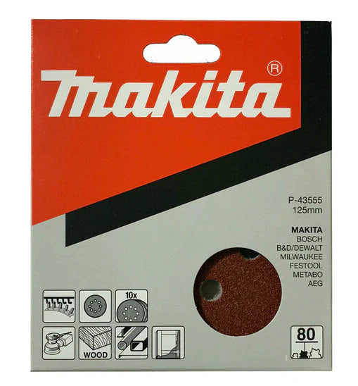 MAKITA VELCRO RED ABRASIVE DISC 125MM PUNCHED 80G 10 PACK