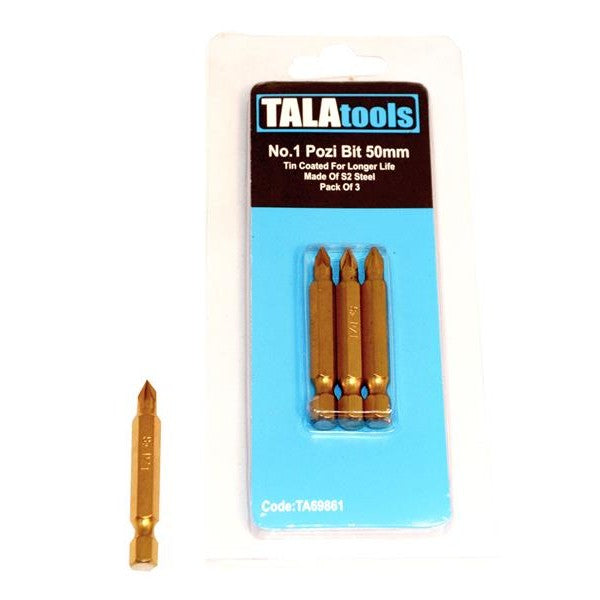 TALAtools TiN Coated Screwdriver Bits Pozidriv PZ1 50mm (Pack 3)
