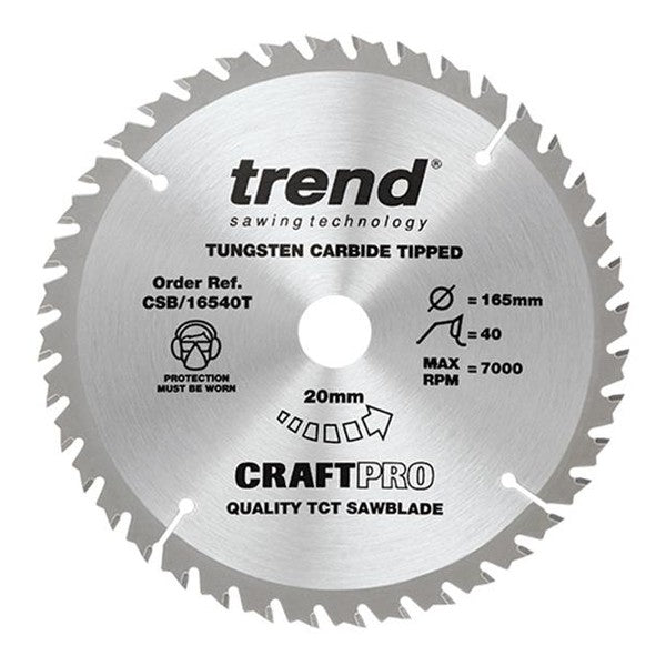 Trend CSB/16540T CraftPro Thin Kerf Saw Blade 165 x 20mm x 40T - Watson Hire