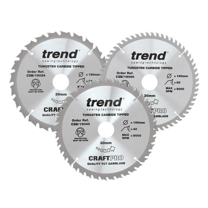 Trend CraftPro Saw Blade 190 x 30mm x 24T/40T/60T (Pack 3)
