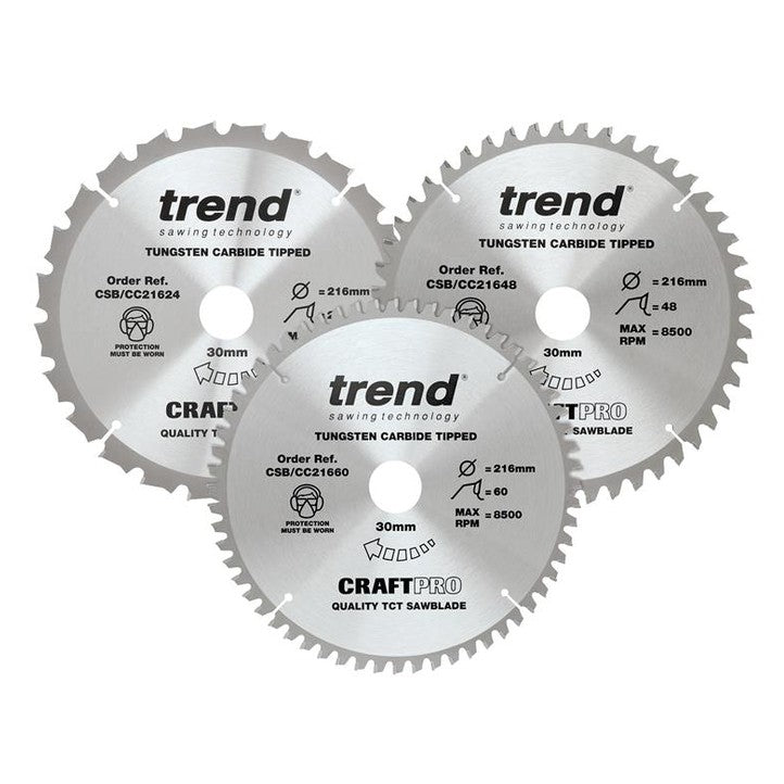 Trend CraftPro Mitre Saw Blade 216 x 30mm x 24T/48T/60T (Pack 3)