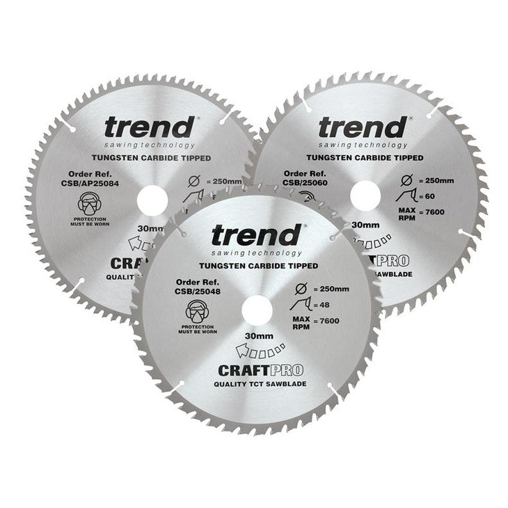 Trend CraftPro Table Saw Blade 250 x 30mm x 48T/60T/84T (Pack 3)