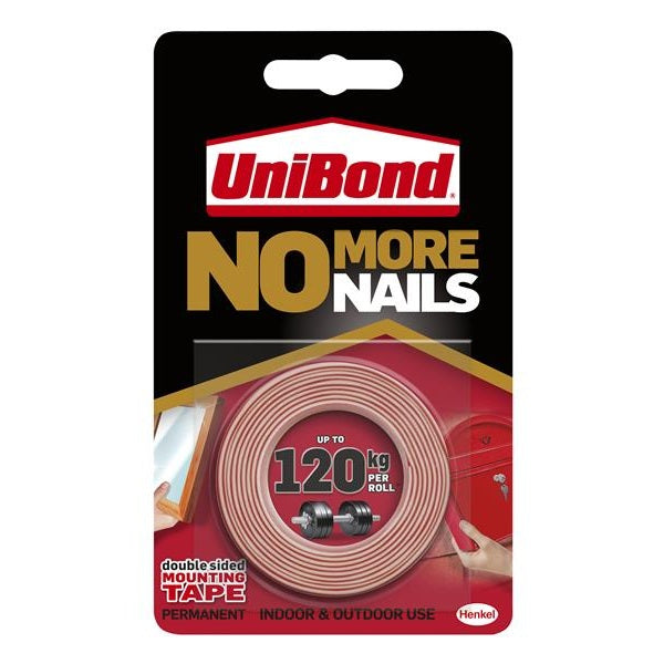 UniBond No More Nails Indoor & Outdoor Permanent Mounting Tape Roll 19mm x 1.5m