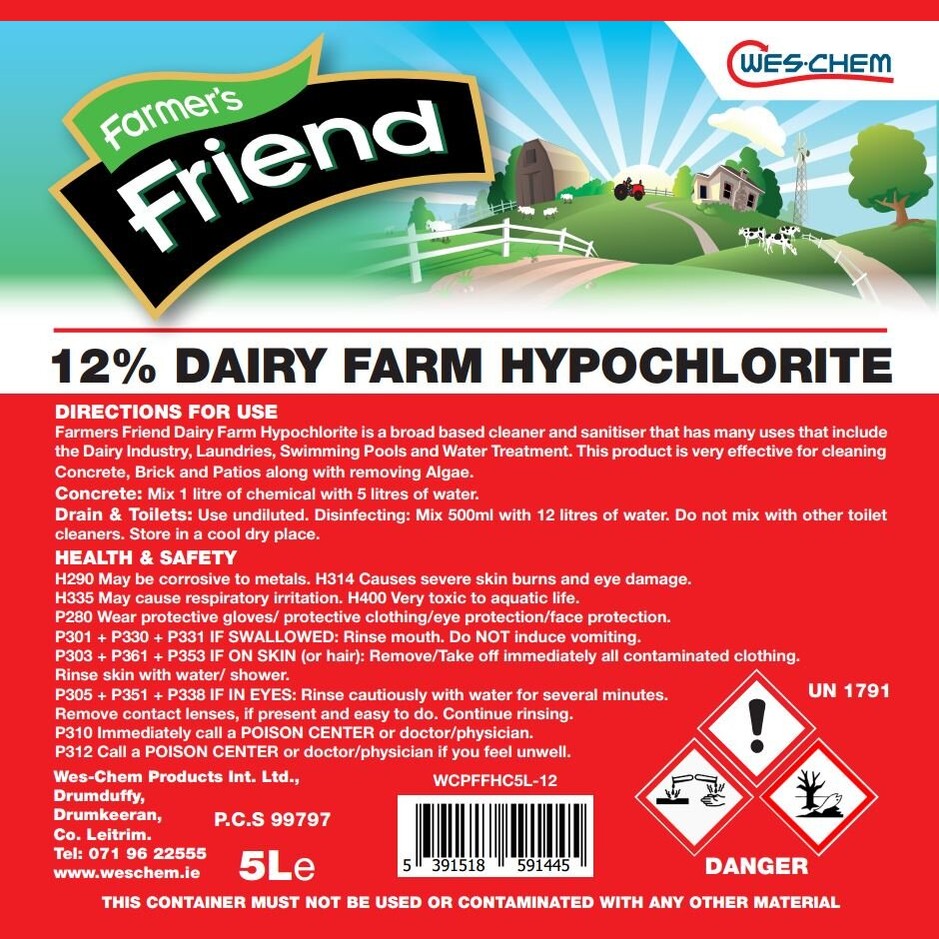 FARMERS FRIEND HYPOCHLORIC 5L 12% - Watson Hire
