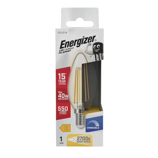 ENERGISER 5W 40W E14 LED CANDLE FILAMENT WARM WHITE DIMMABLE 470 LUMENS