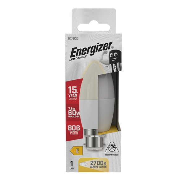ENERGIZER LED 7.3W (60W) 806 LUMEN B22 CANDLE LAMP WARM WHITE