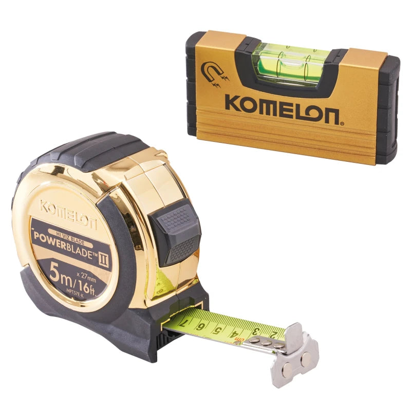 KOMELON 5M (16FT) GOLD POWERBLADE TAPE WITH FREE MINI LEVEL
