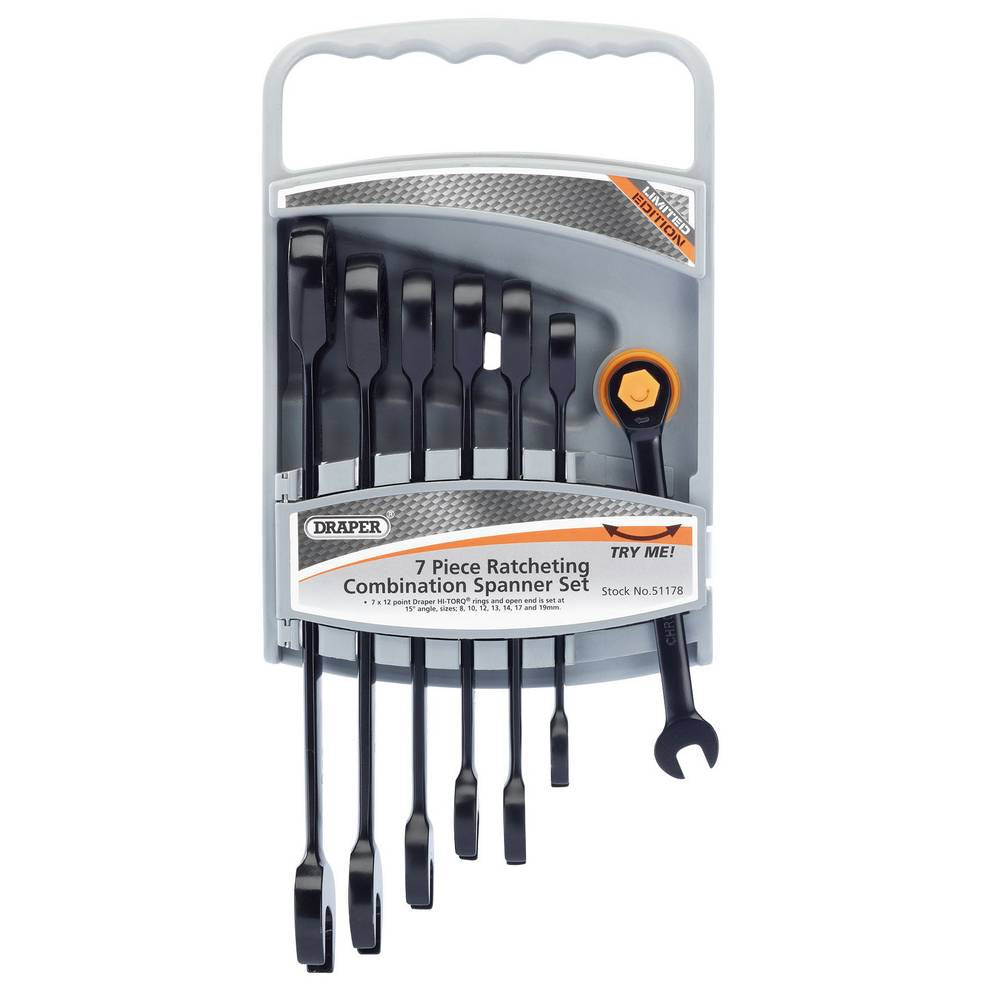 DRAPER 7PC RATCHETING SPANNER SET BK