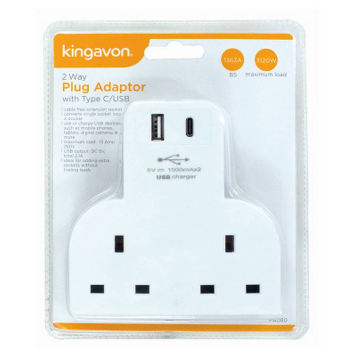 KINGAVON 2 WAY PLUG ADAPTOR WITH TYPE C/USB BB-PA080