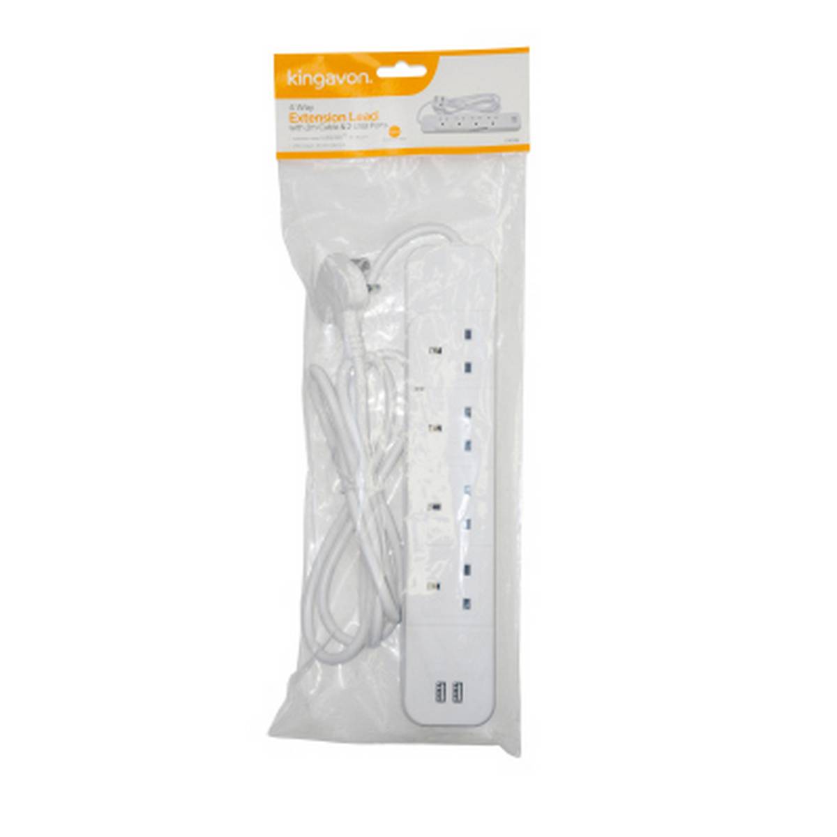 KINGAVON 4 WAY EXTENSION LEAD WITH 2M CABLE AND 2 USB PORTS BB-PA106