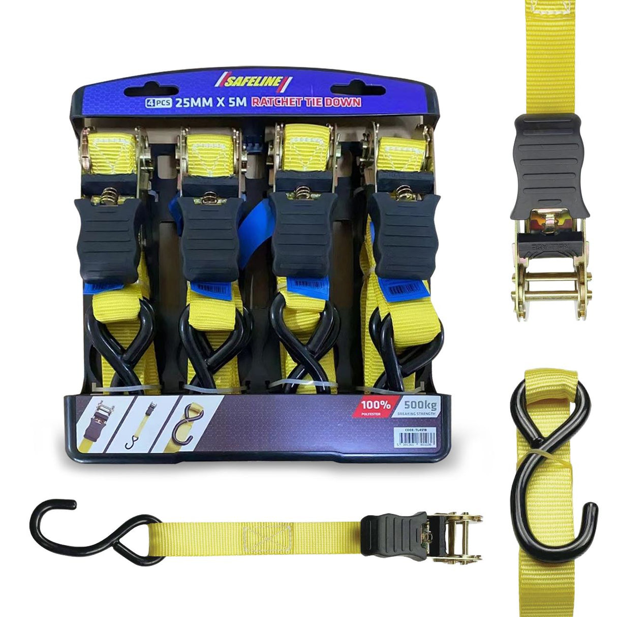 SAFELINE 4 PC 25MM X 5M RATCHET STRAP SET