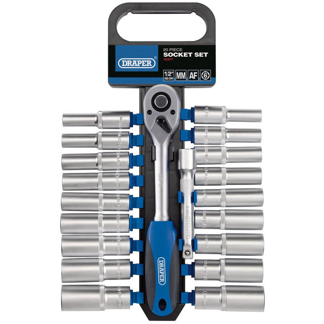 DRAPER COMBINED MM/AF DEEP SOCKET AND RATCHET SET, 1/2" SQ. DR. (20 PIECE)