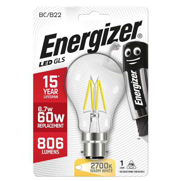 ENERGIZER 6.2W  60W  B22 CLEAR LED GLS 806LM