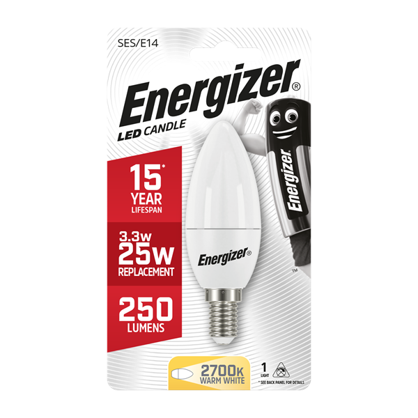 ENERGIZER LED 3.4W (25W) 250 LUMEN E14 OPAL CANDLE LAMP WARM WHITE