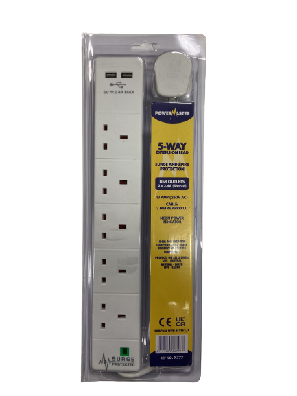 POWERMASTER 5G 2M SURGE PROT EXT LEAD WITH 2 X USB OUTLETS