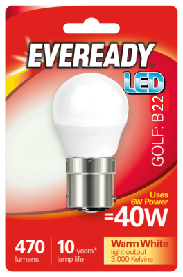 EVEREADY 6W (40W) B22 LED GOLF BALL 470 LUMENS